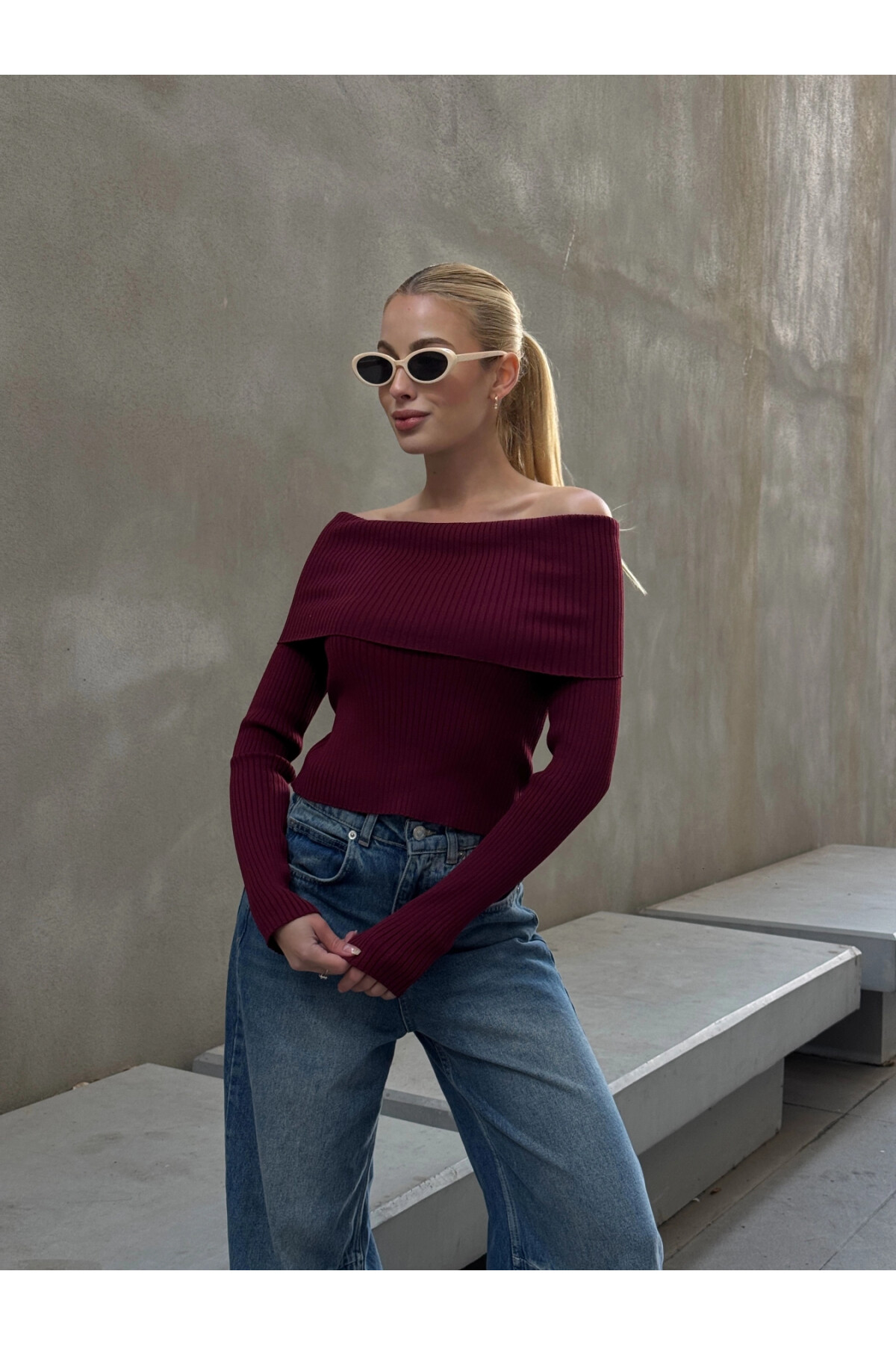 Kadın Bordo Katlamalı Madonna Yaka Triko (ZCKTY035)