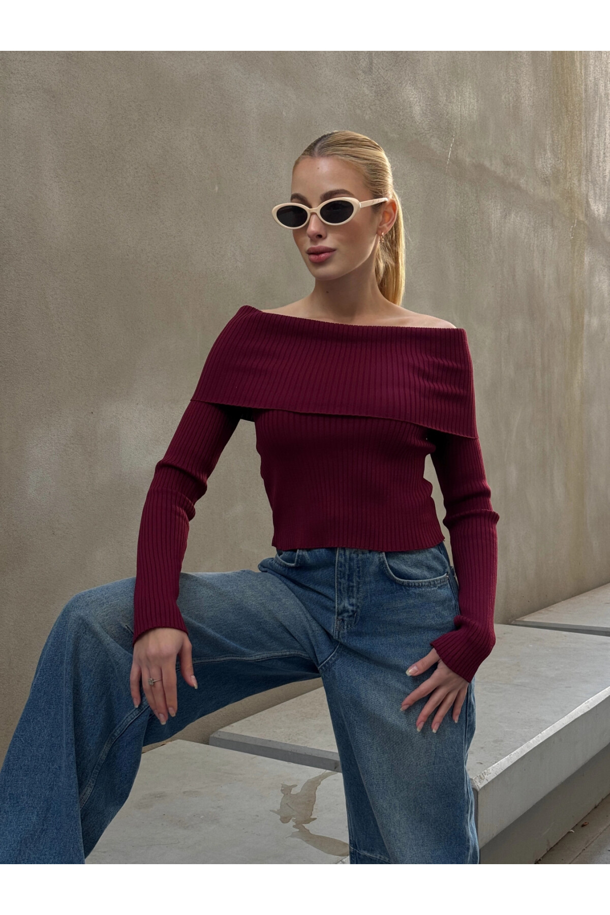 Kadın Bordo Katlamalı Madonna Yaka Triko (ZCKTY035)