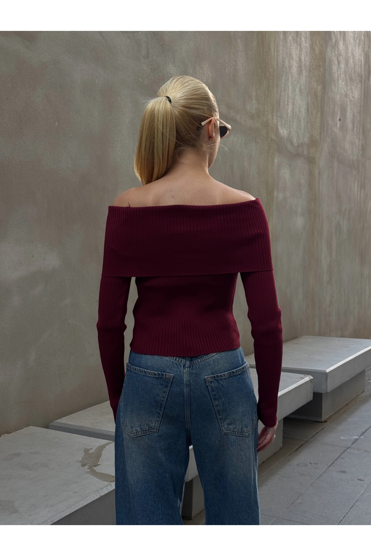 Kadın Bordo Katlamalı Madonna Yaka Triko (ZCKTY035)