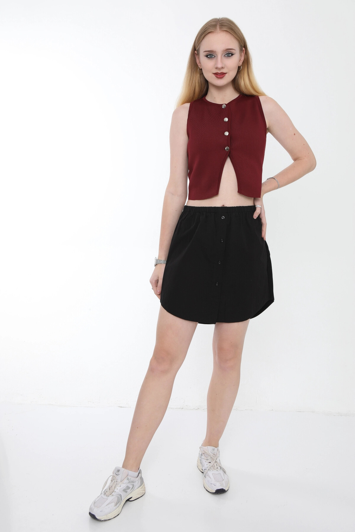 Kadın Bordo Metal Düğmeli Crop Yelek (ZCKTY036)