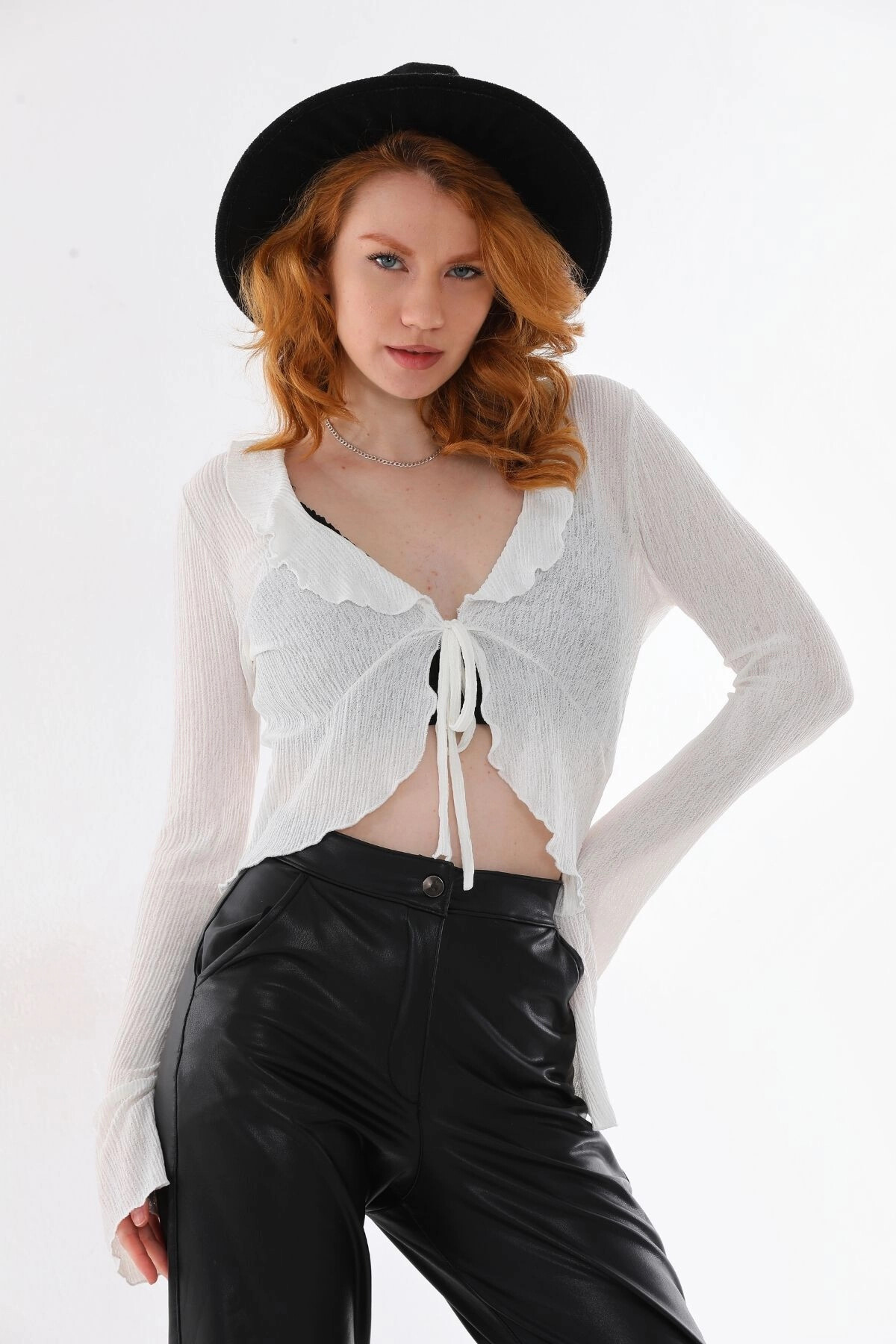 Kadın Ekru Önü Bağlamalı Uzun Kollu Bluz (zck0756)