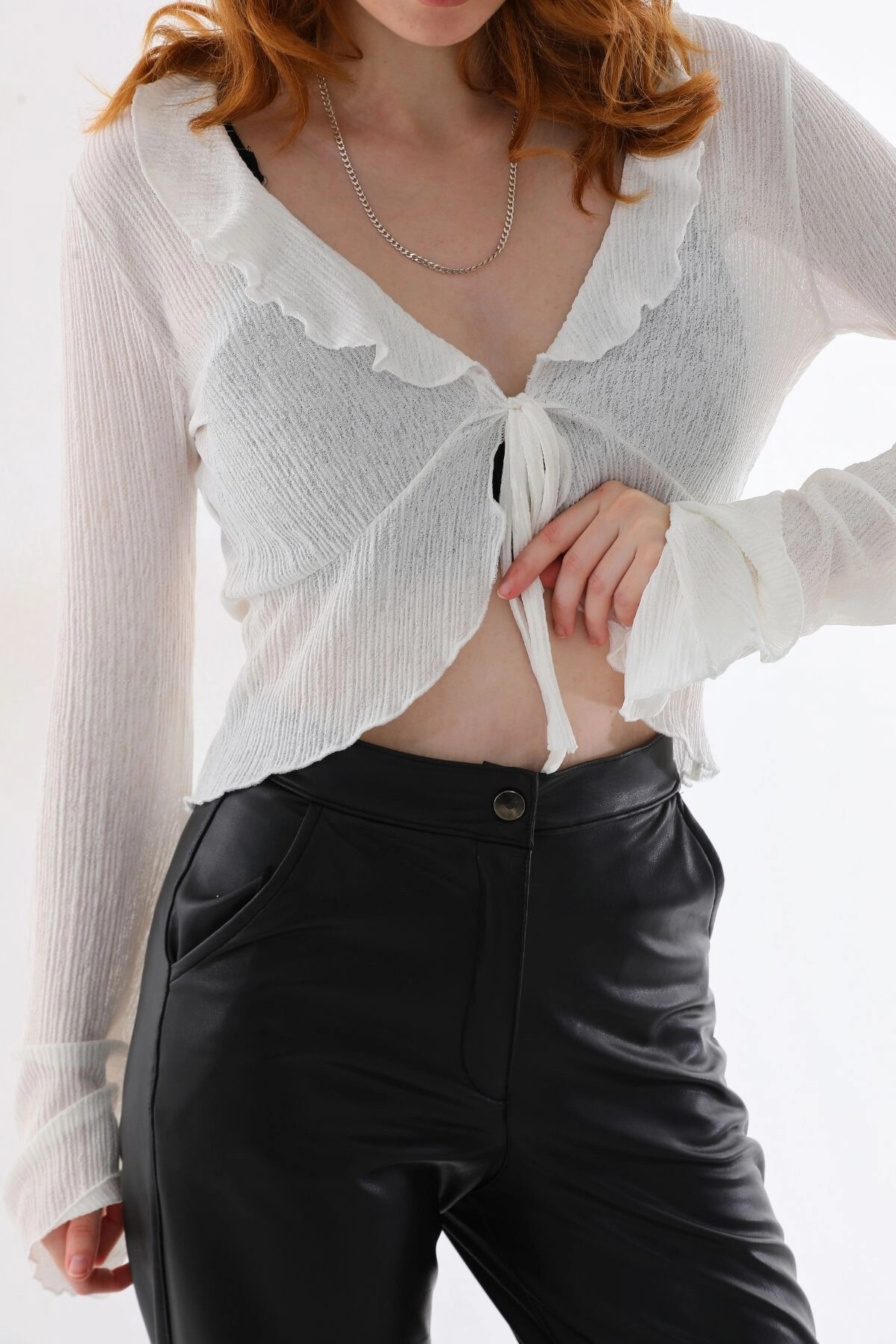 Kadın Ekru Önü Bağlamalı Uzun Kollu Bluz (zck0756)