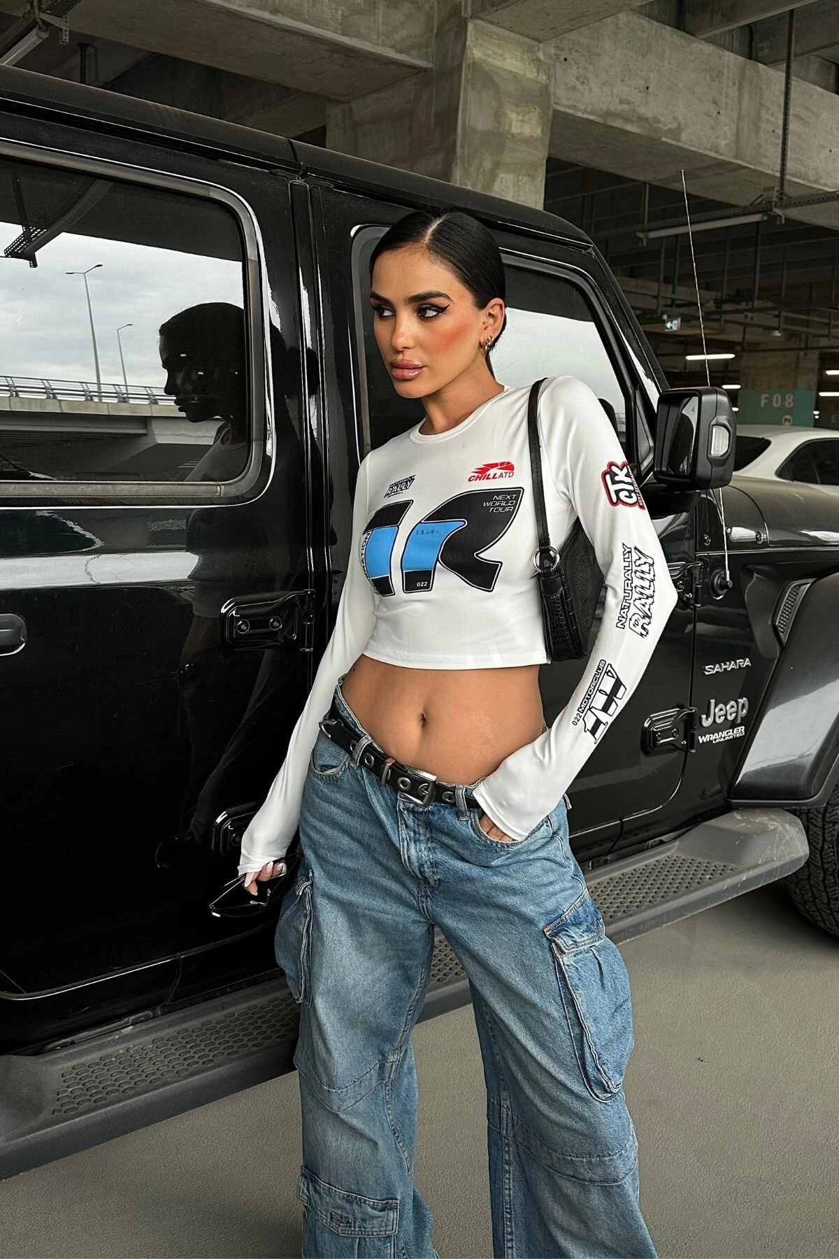 Kadın Ekru Yarış Desenli Uzun Kollu Pamuklu Crop T-Shirt (zck0579)