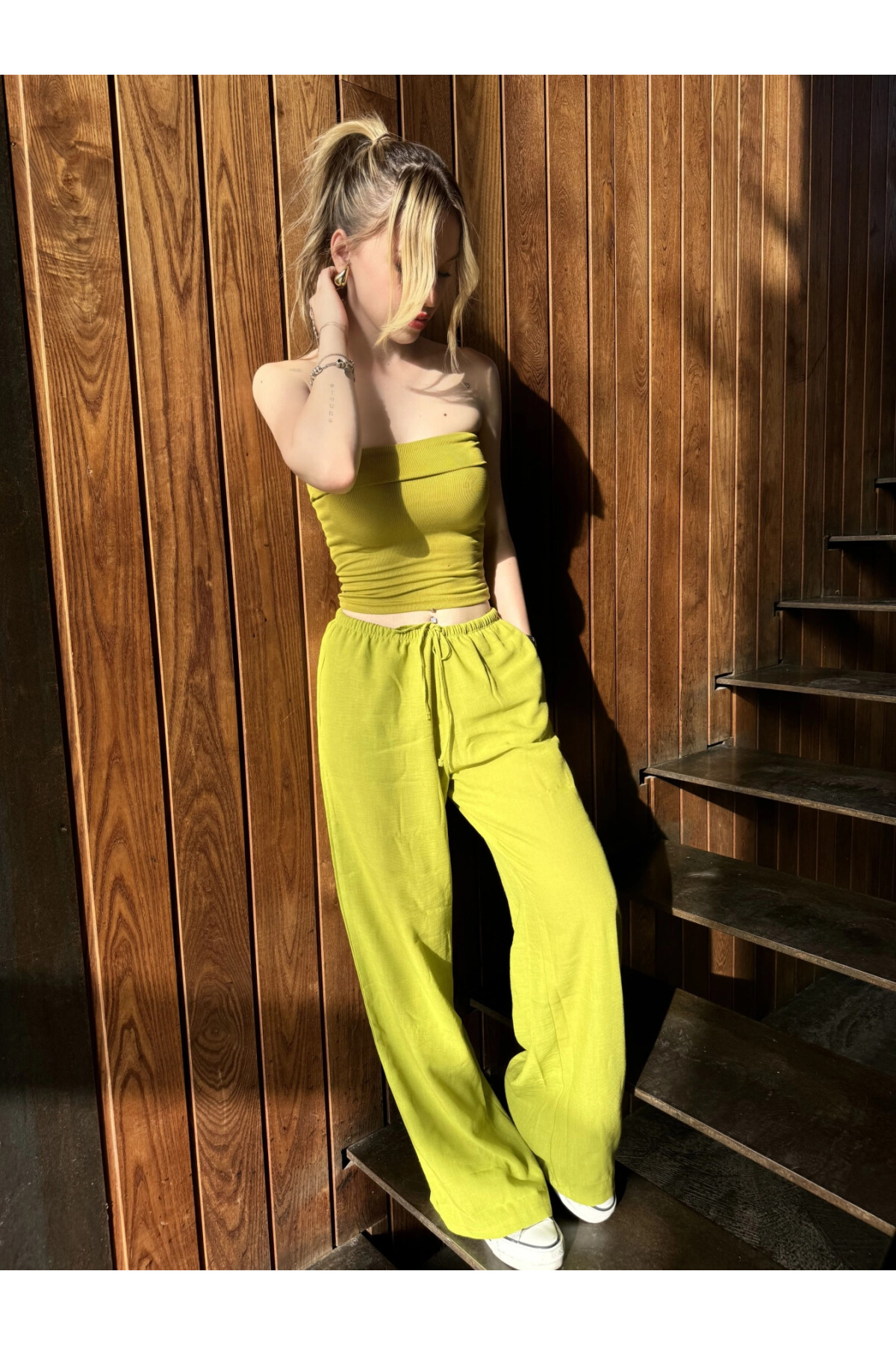 Kadın Fıstık Yeşili Yüksek Bel Cepli Keten Pantolon (ZCK105)