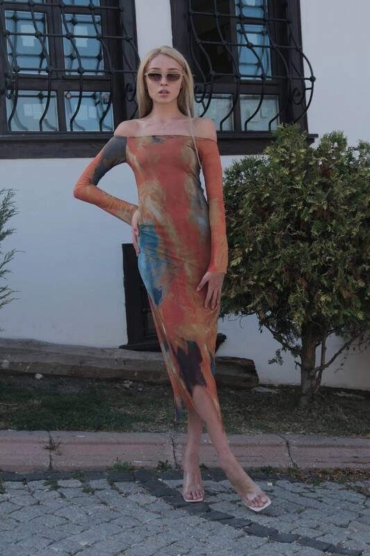 Kadın Kiremit Kayık Yaka Uzun Kollu Astarlı Tül Uzun Elbise (zck0750)