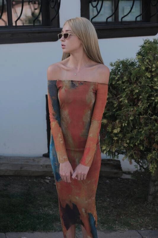 Kadın Kiremit Kayık Yaka Uzun Kollu Astarlı Tül Uzun Elbise (zck0750)