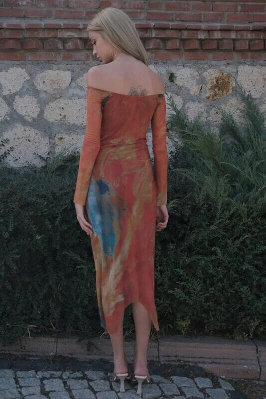 Kadın Kiremit Kayık Yaka Uzun Kollu Astarlı Tül Uzun Elbise (zck0750)