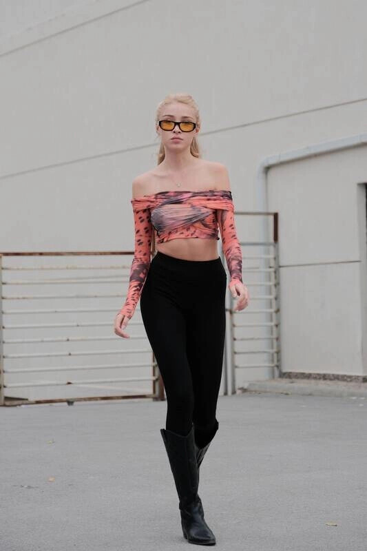 Kadın Kiremit Kolları Tül Göğüs Detaylı Bluz (zck0739)