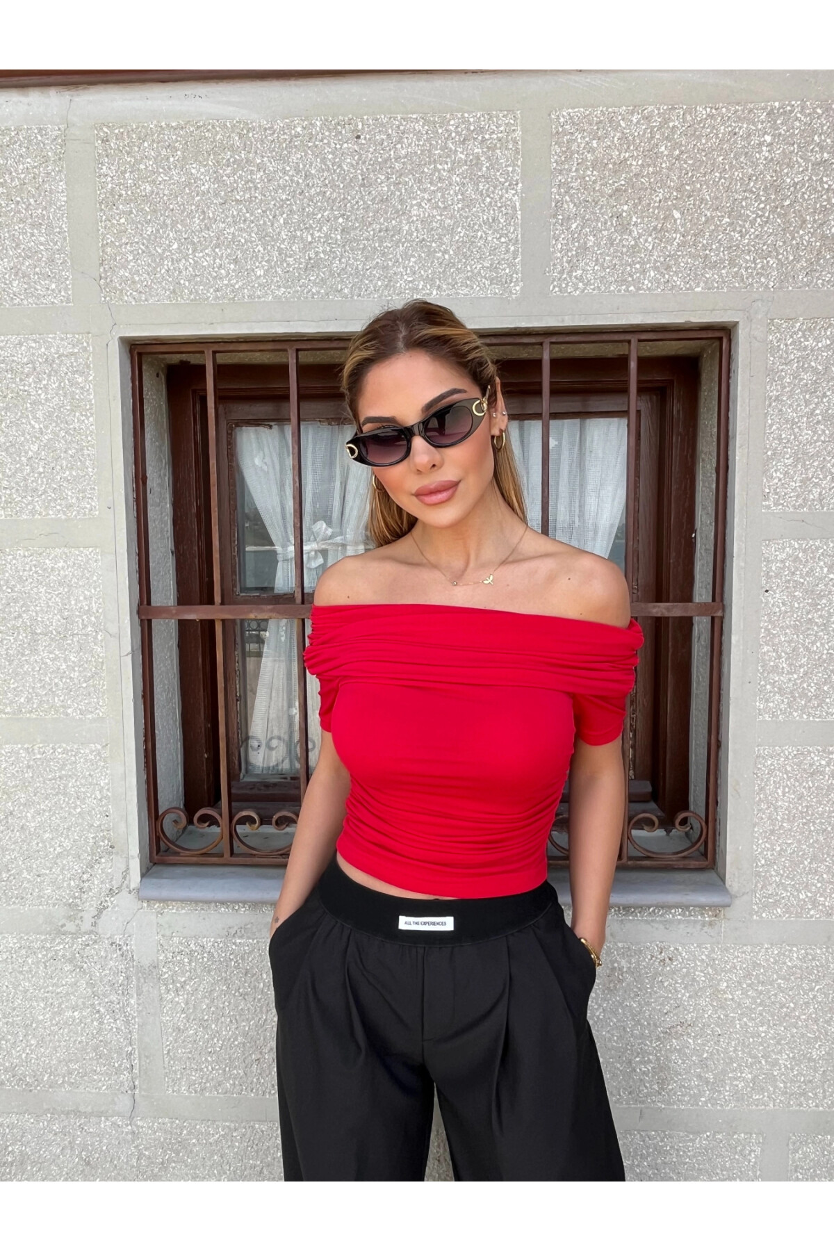 Kadın Kırmızı Kayık Yaka Kısa Kollu Bluz (zck0794)