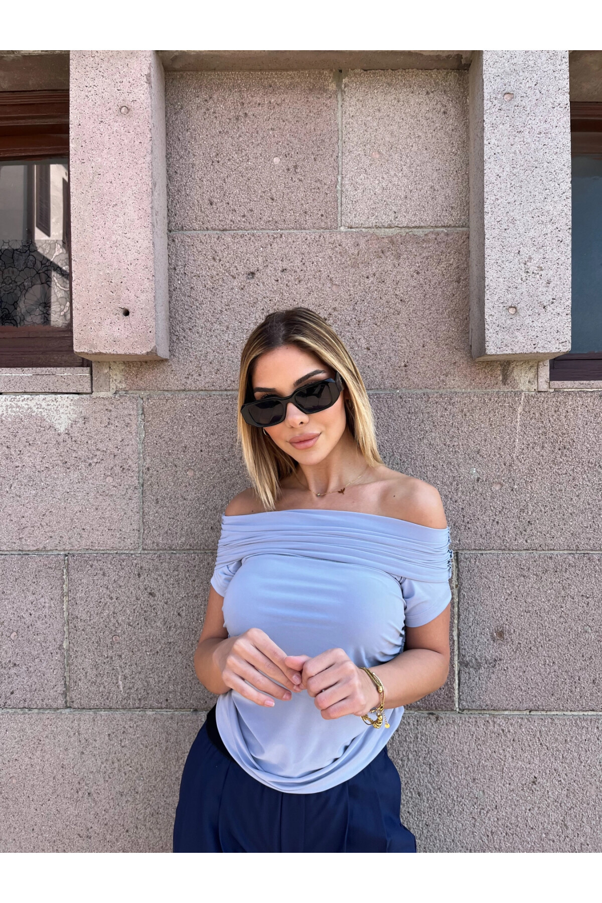 Kadın Lila Kayık Yaka Kısa Kollu Bluz (zck0794)