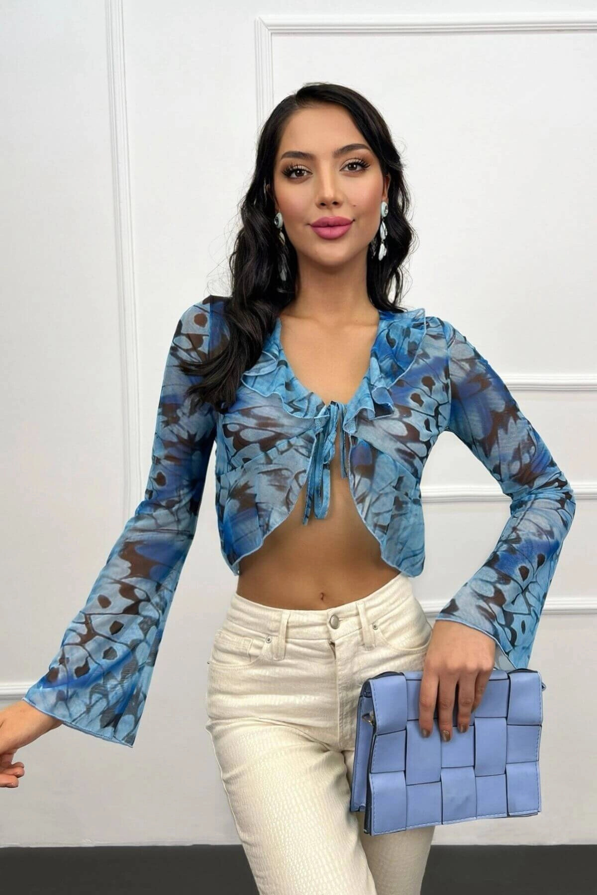 Kadın Mavi Fırfırlı Transparan Tül Bluz (zck0728)