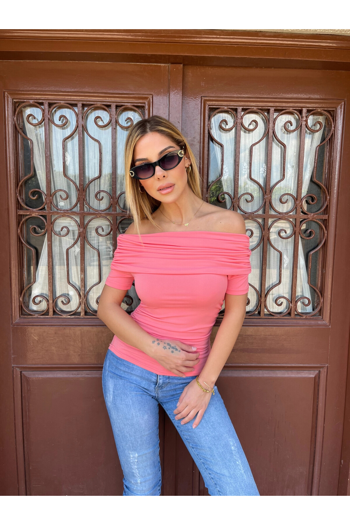 Kadın Pembe Kayık Yaka Kısa Kollu Bluz (zck0794)