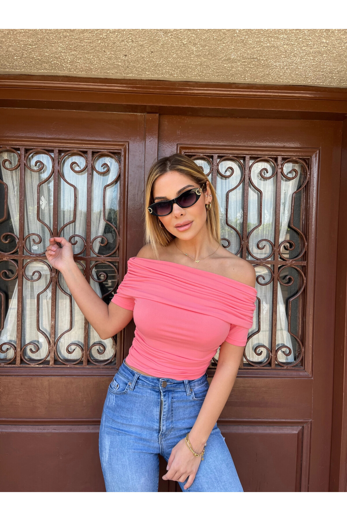 Kadın Pembe Kayık Yaka Kısa Kollu Bluz (zck0794)