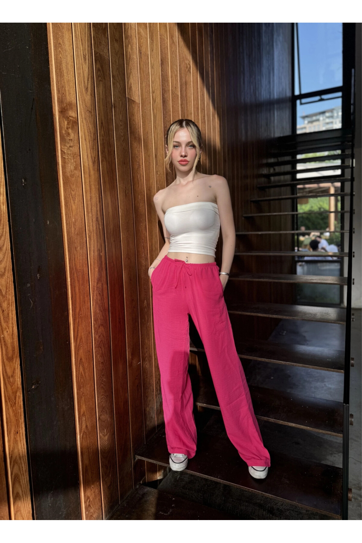 Kadın Pembe Yüksek Bel Cepli Keten Pantolon (ZCK105)