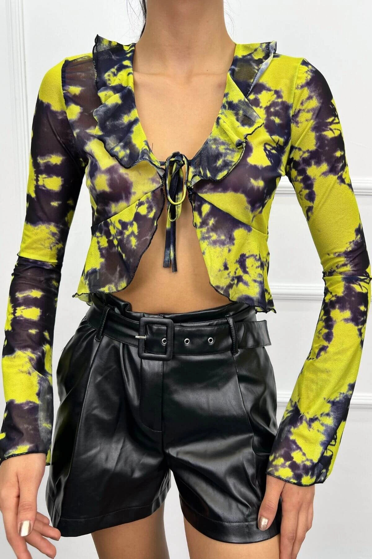 Kadın Sarı Fırfırlı Transparan Tül Bluz (zck0728)