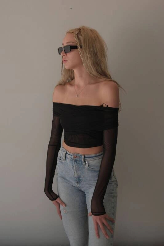 Kadın Siyah Kolları Tül Göğüs Detaylı Bluz (zck0739)