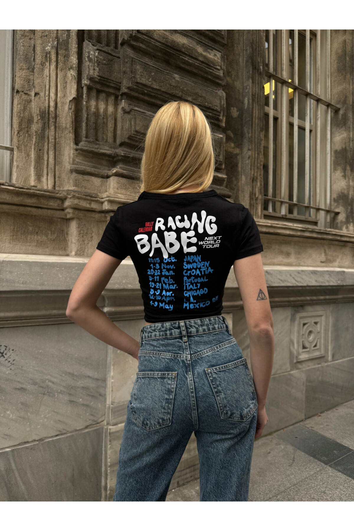 Kadın Siyah Organik Pamuk Racing Babe Kısa Kollu Crop Bluz (ZCKSS096)