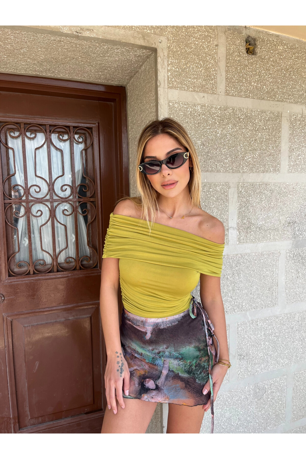 Kadın Yağ Yeşili Kayık Yaka Kısa Kollu Bluz (zck0794)