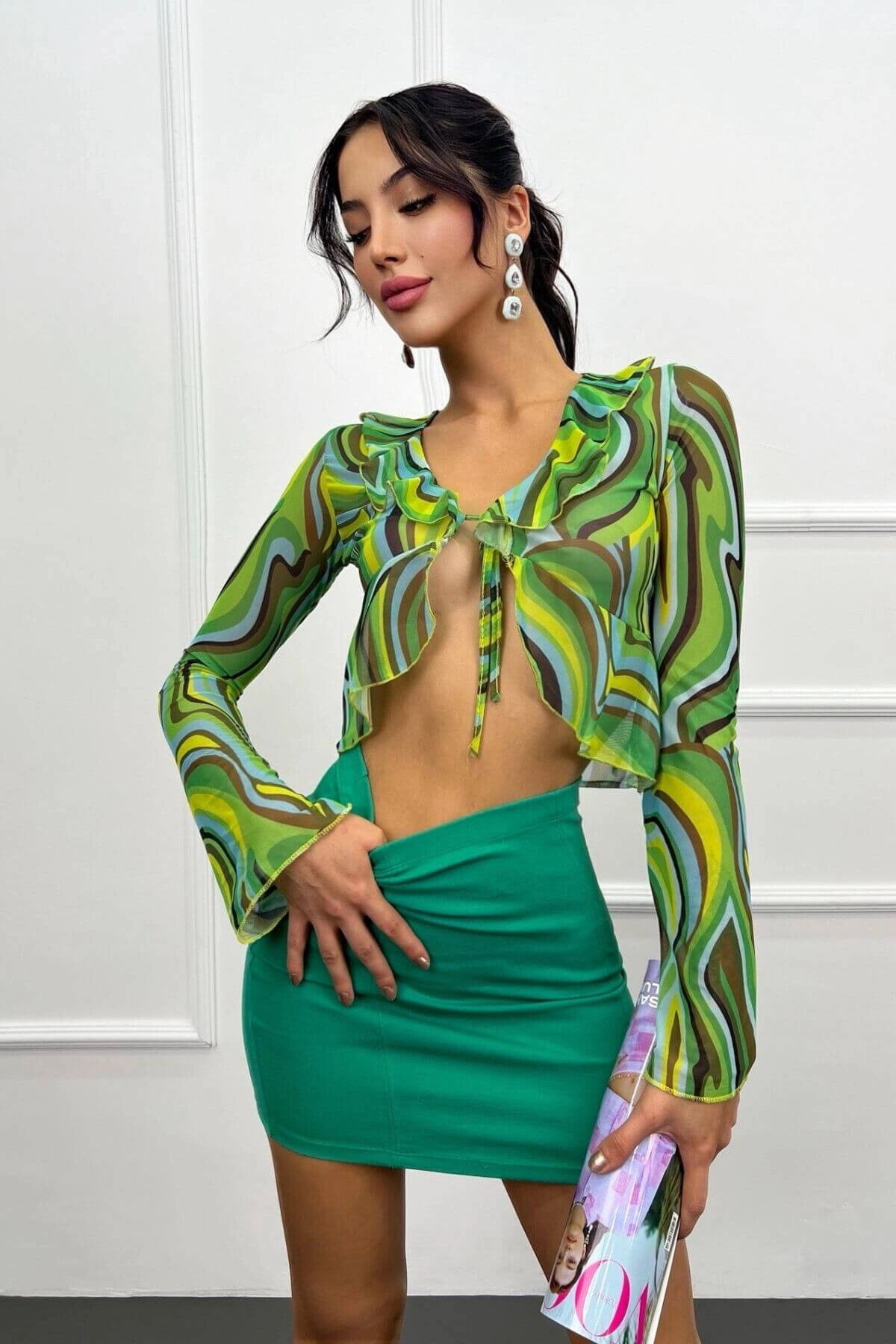 Kadın Yeşil Fırfırlı Transparan Tül Bluz (zck0728)