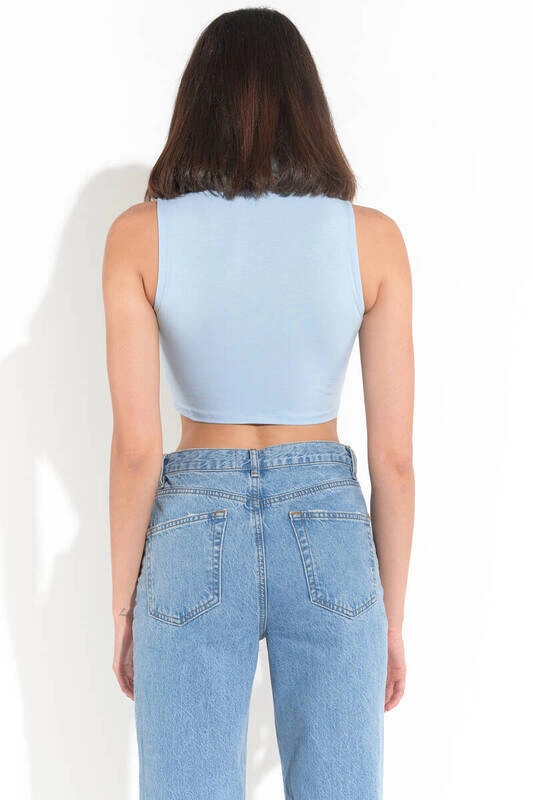 Kadın Bebe Mavisi Balıkcı Yaka Sıfır Kol Crop Büstiyer (ZCK0137)