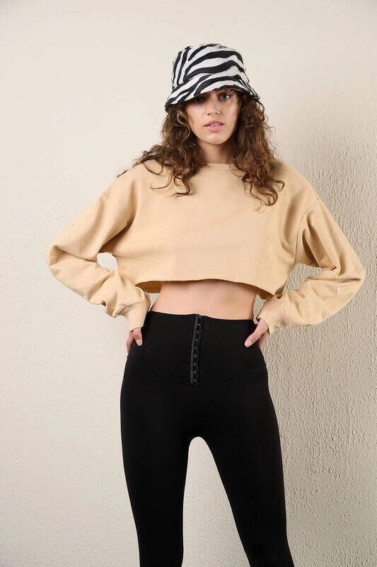 Kadın Bej Kısa Crop Sweat (zck0323)