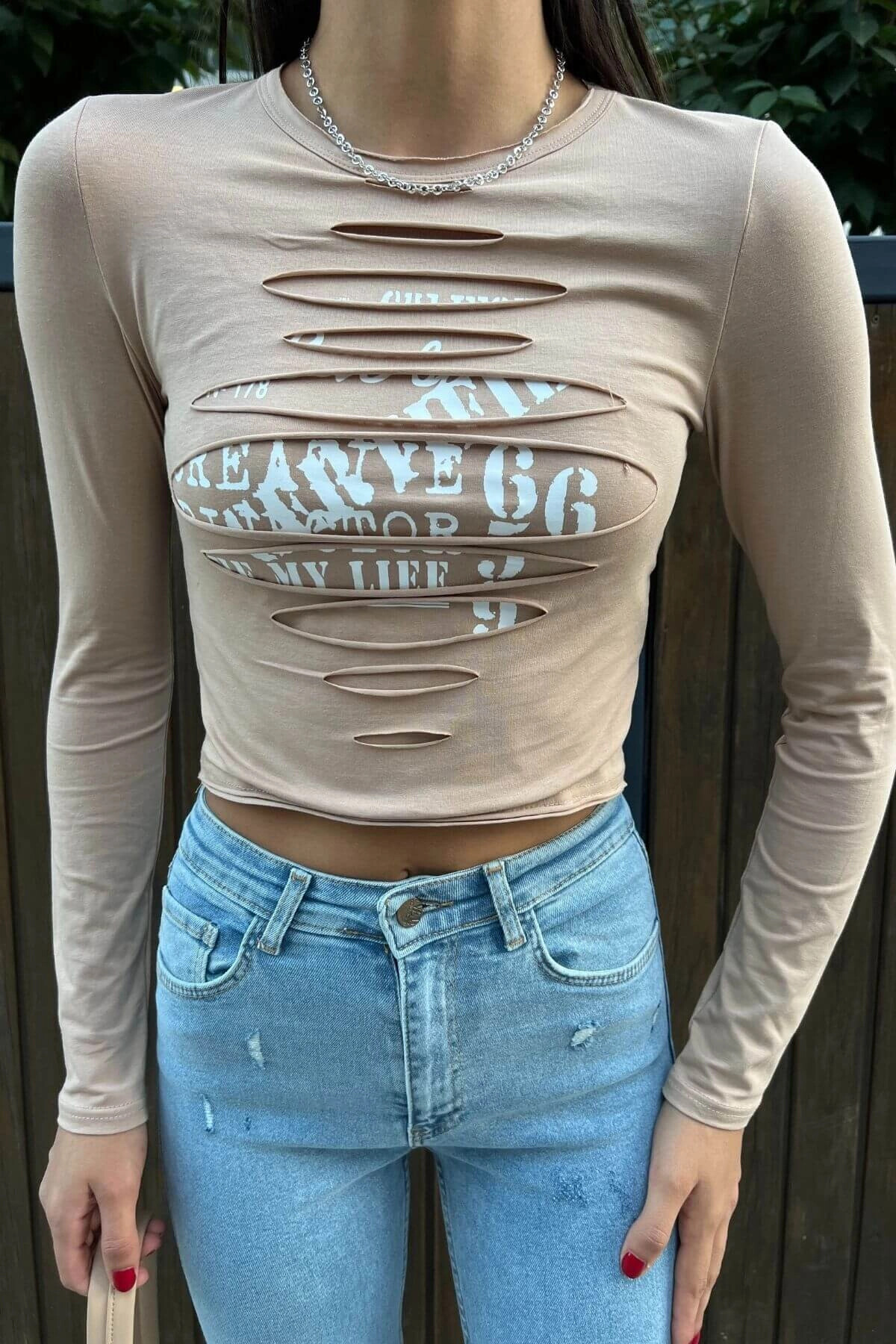 Kadın Bej Önü Parçalı Baskılı Bluz (zck0712)