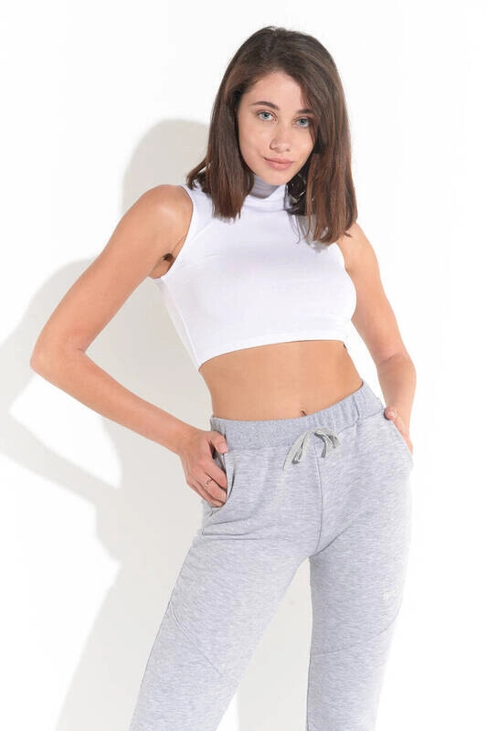 Kadın Beyaz Balıkcı Yaka Sıfır Kol Crop Büstiyer (ZCK0137)