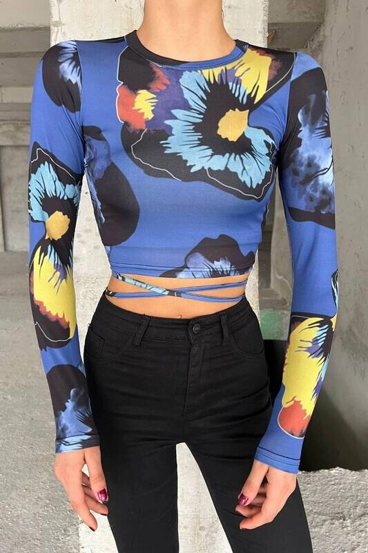 Kadın Çiçek Bel Dolamalı Uzun Kollu Bluz (zck0540)