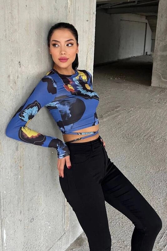 Kadın Çiçek Bel Dolamalı Uzun Kollu Bluz (zck0540)