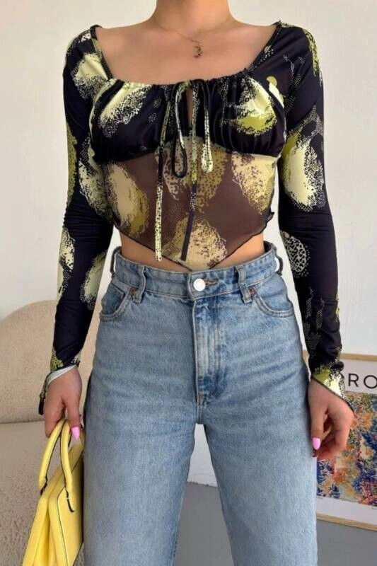 Kadın Çok Renkli Asimetrik Kesim Crop Tül Bluz (zck0569)