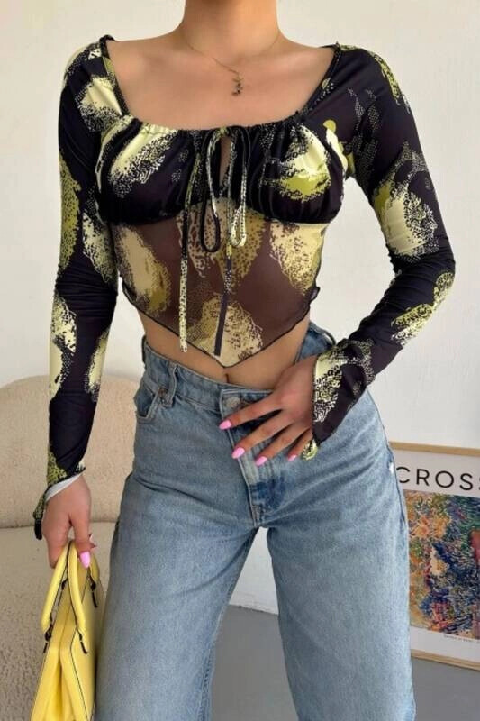 Kadın Çok Renkli Asimetrik Kesim Crop Tül Bluz (zck0569)