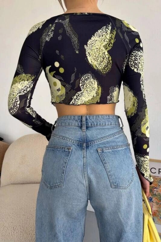 Kadın Çok Renkli Asimetrik Kesim Crop Tül Bluz (zck0569)