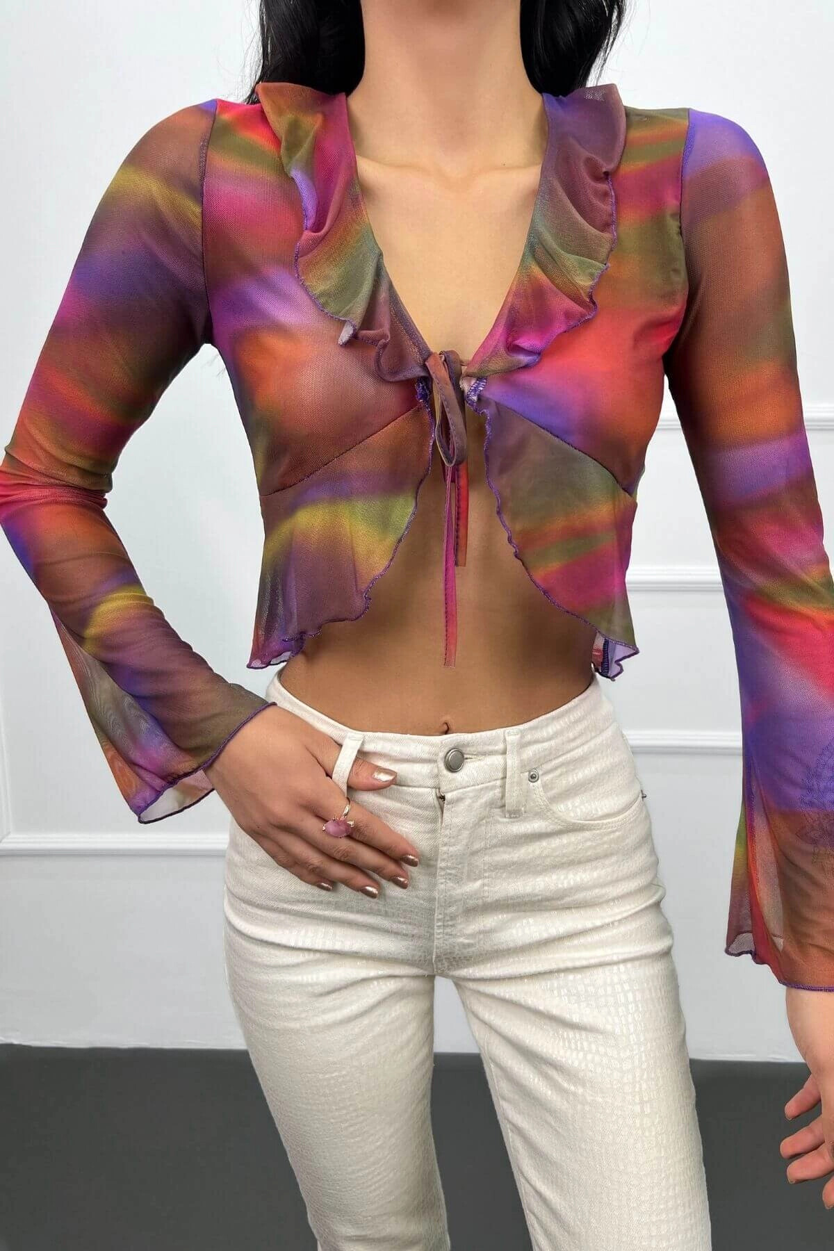 Kadın Çok Renkli Fırfırlı Transparan Tül Bluz (zck0728)