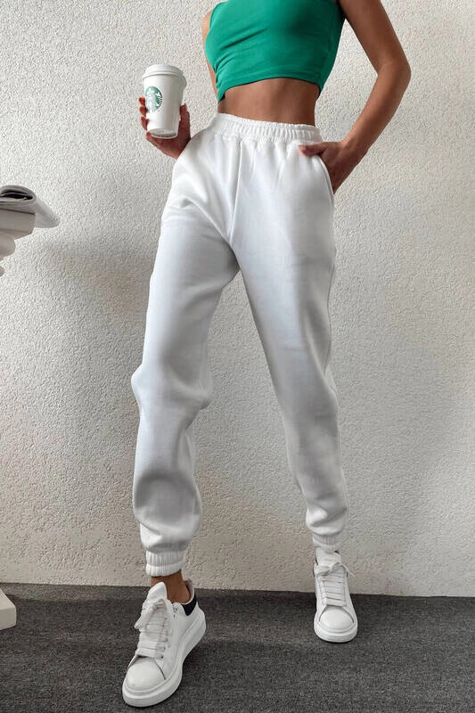 Kadın Ekru İçi Şardonlu Üç İplik Eşofman Altı (zck0577)