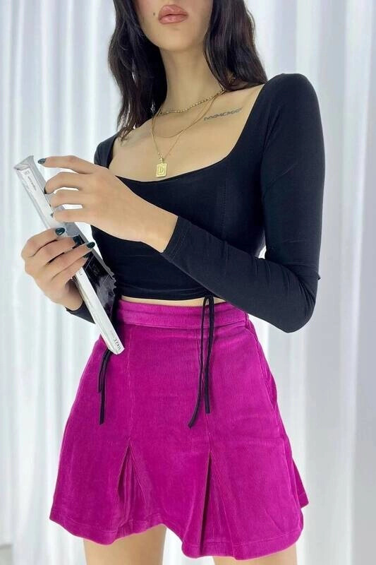 Kadın Fuşya Pileli Kadife Mini Etek (zck0547)