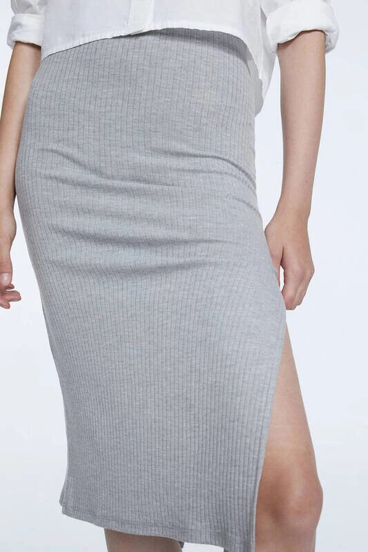 Kadın Gri Beli Lastikli Fitilli Yırtmaçlı Midi Etek (zck0552)