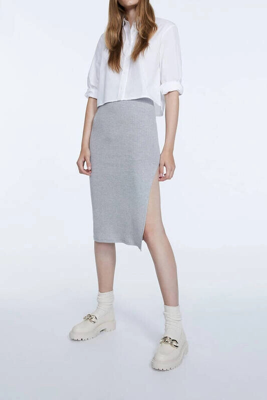 Kadın Gri Beli Lastikli Fitilli Yırtmaçlı Midi Etek (zck0552)