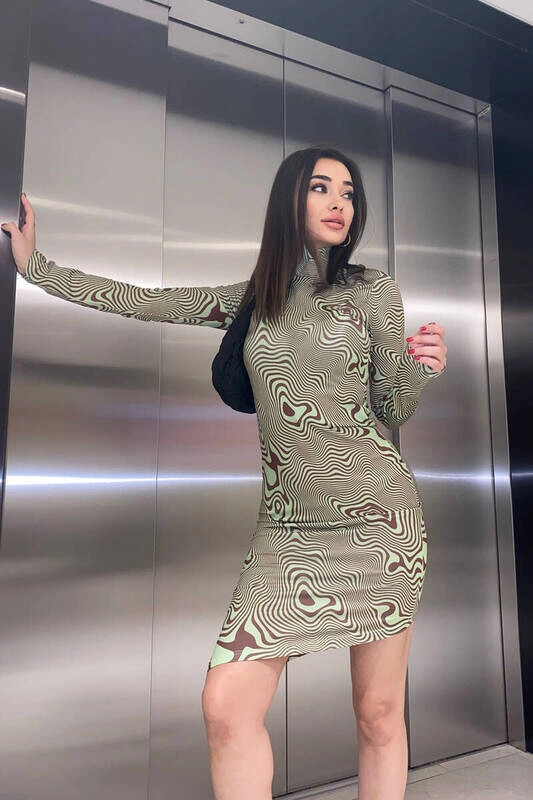 Kadın Haki Boğazlı Desenli Elbise (zck0424)