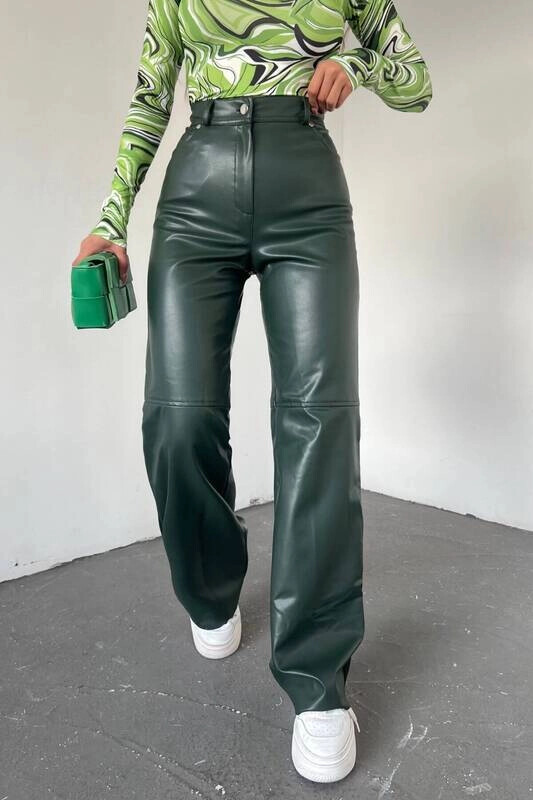 Kadın Haki Deri Şardonlu Palazzo Pantolon (zck0366)