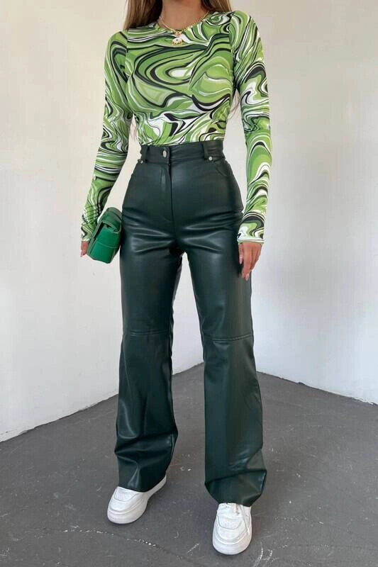 Kadın Haki Deri Şardonlu Palazzo Pantolon (zck0366)