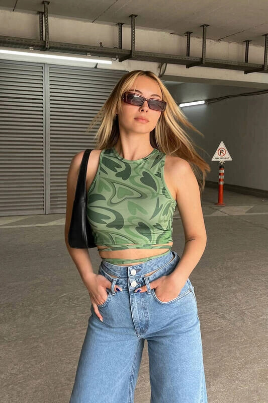 Kadın Haki Desenli Bel Dolamalı Bluz (zck0475)