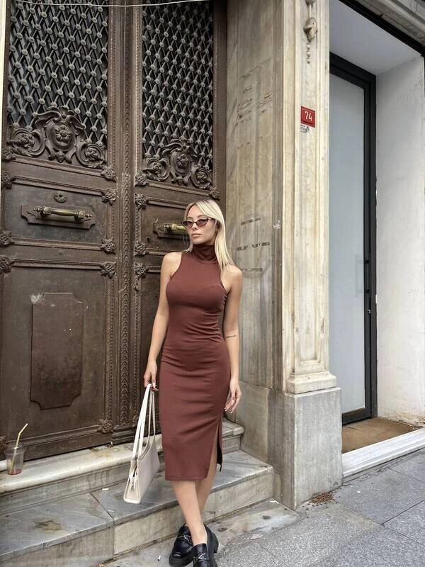 Kadın Kahverengi Midi Boy Dik Yaka Kalem Elbise (zck0571)