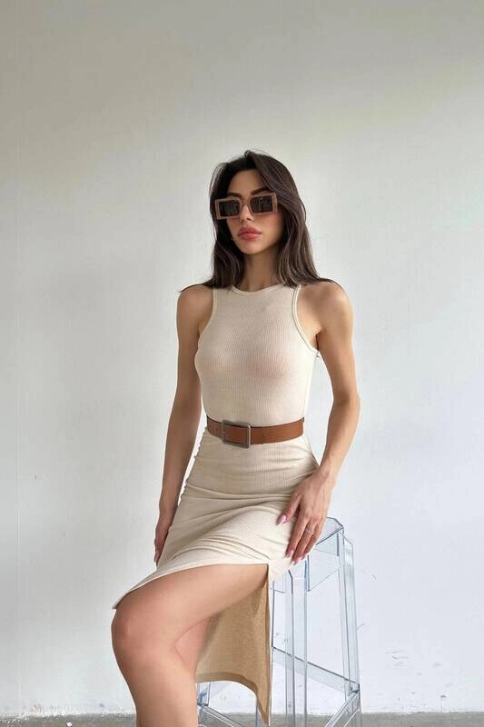 Kadın Krem Midi Boy Kalem Elbise (zck0486)