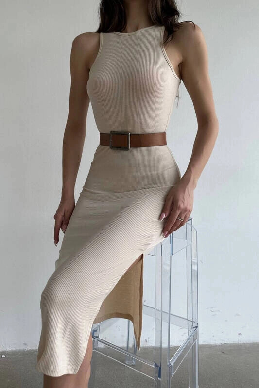 Kadın Krem Midi Boy Kalem Elbise (zck0486)