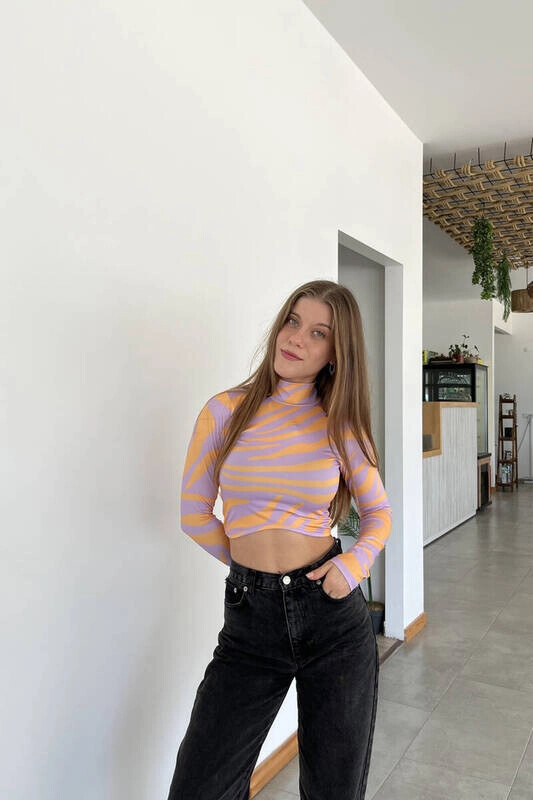 Kadın Lila Balıkçı Yaka Asimetrik Desenli Bluz (zck0544)