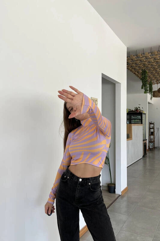 Kadın Lila Balıkçı Yaka Asimetrik Desenli Bluz (zck0544)