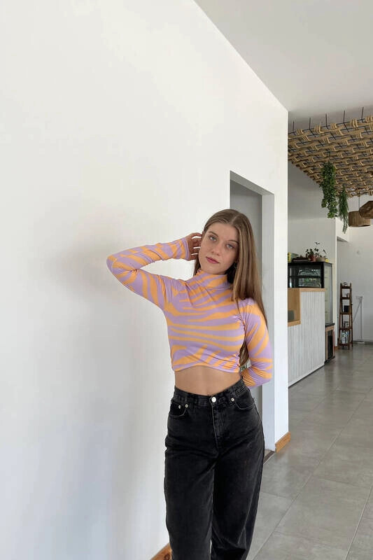 Kadın Lila Balıkçı Yaka Asimetrik Desenli Bluz (zck0544)