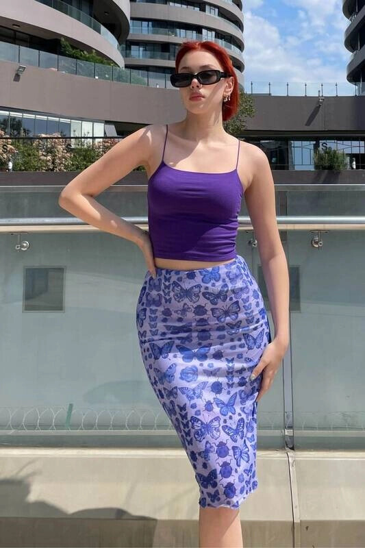 Kadın Lila İçi Astarlı Tül Midi Etek (zck0662)