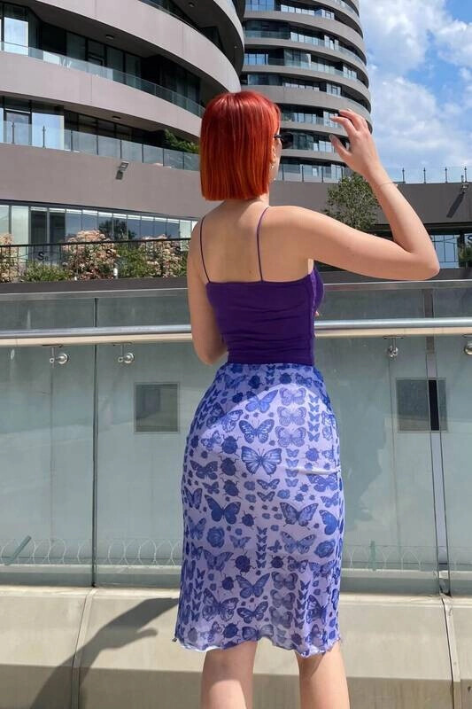 Kadın Lila İçi Astarlı Tül Midi Etek (zck0662)