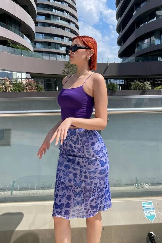 Kadın Lila İçi Astarlı Tül Midi Etek (zck0662)